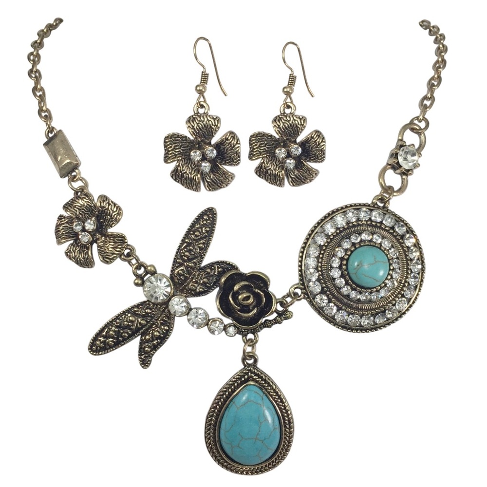 Dragonfly Vintage Gold Look Turquoise Necklace Set